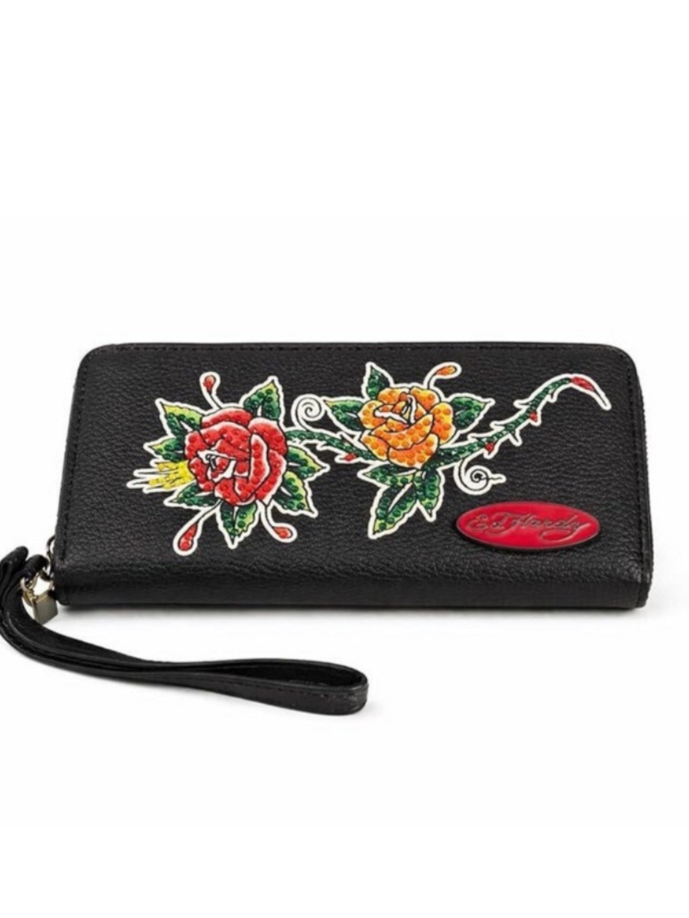 ED HARDY Women's Zippered Portfolios w/ Floral Tattoo Graphic Wrist Strap NWT
